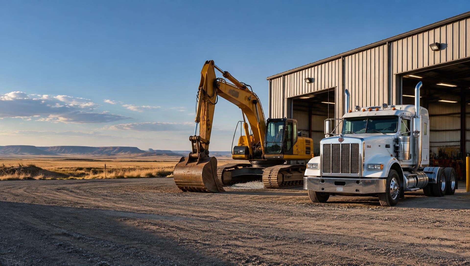 Heavy truck and excavator outside an eastern Montana repair shop